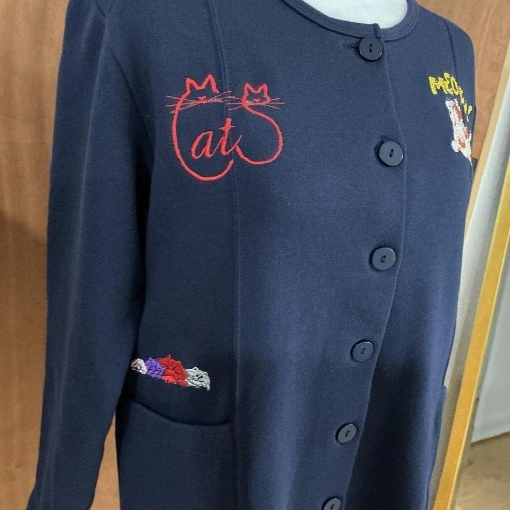Whimsical Embroidered Cat Cardigan Jacket Orvis Vintage Buttons Roomy X-Small - Picture 6 of 8